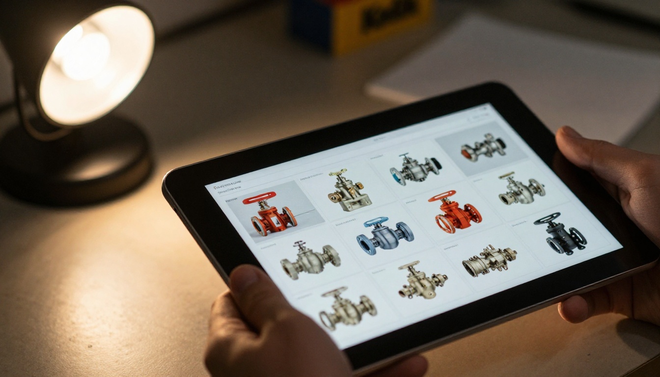 Sales engineer holding a tablet with an industrial valve catalog