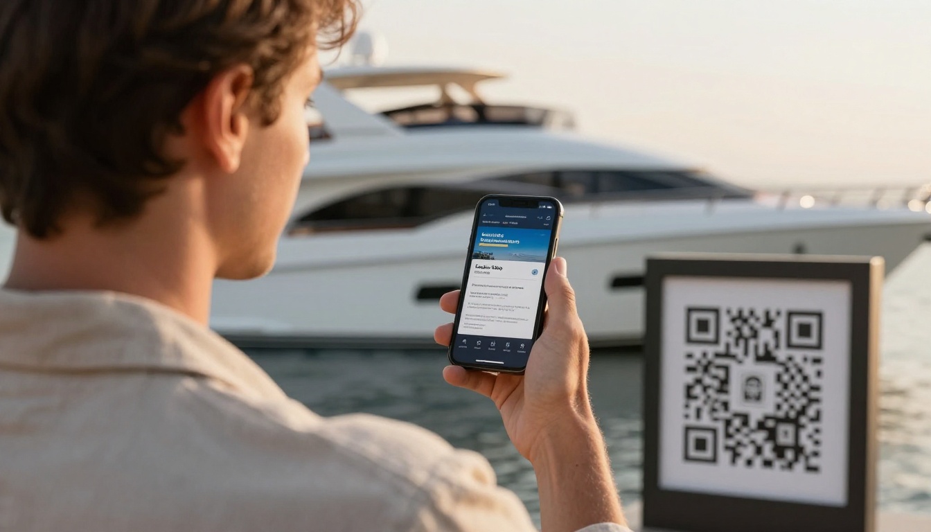 Man scanning a QR code on a sign beside a yacht