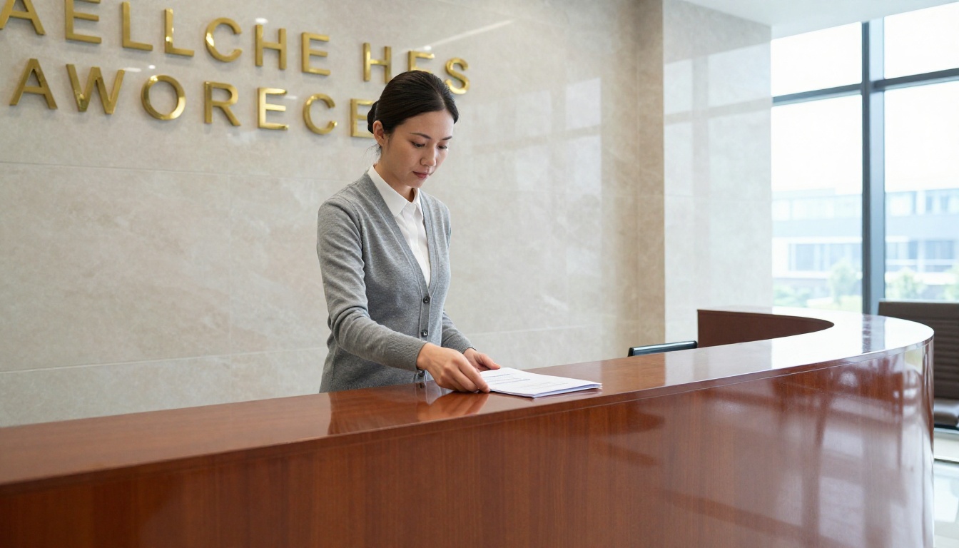 A paralegal placing a welcome folder on a glossy reception desk in a modern law firm lobby