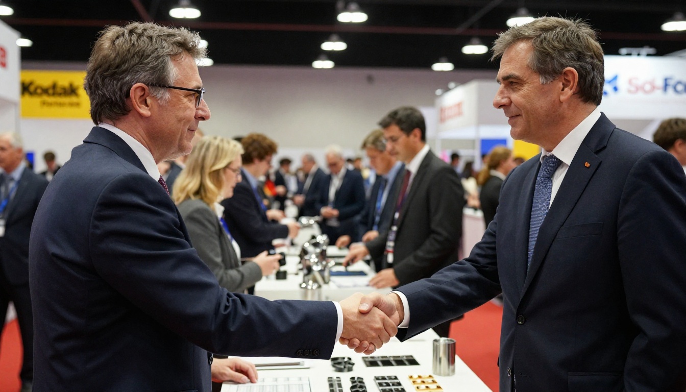 Handshake between a supplier and a buyer at a trade show booth