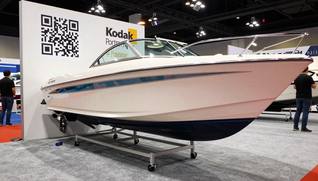 Dealer booth with a large QR code banner next to a bowrider