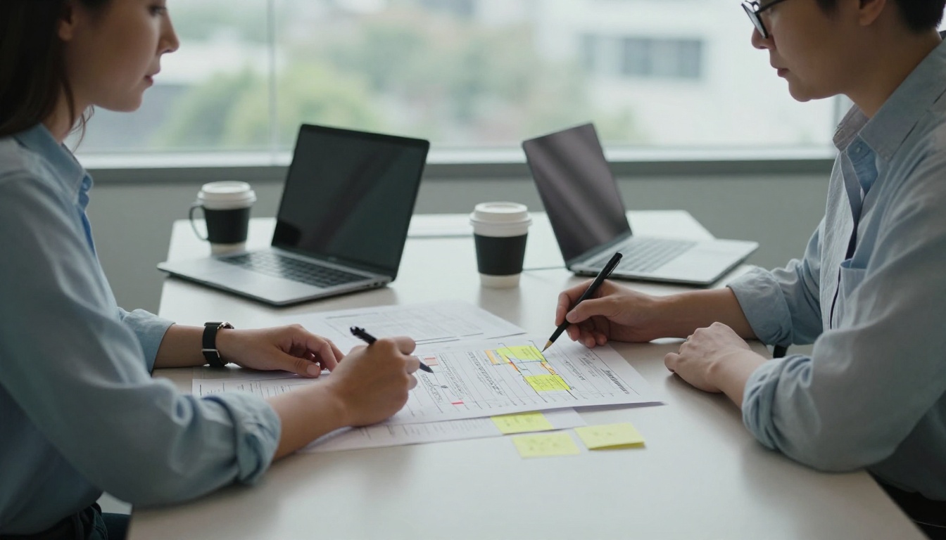 Two lawyers reviewing a printed case timeline with sticky notes in a glass-walled meeting room