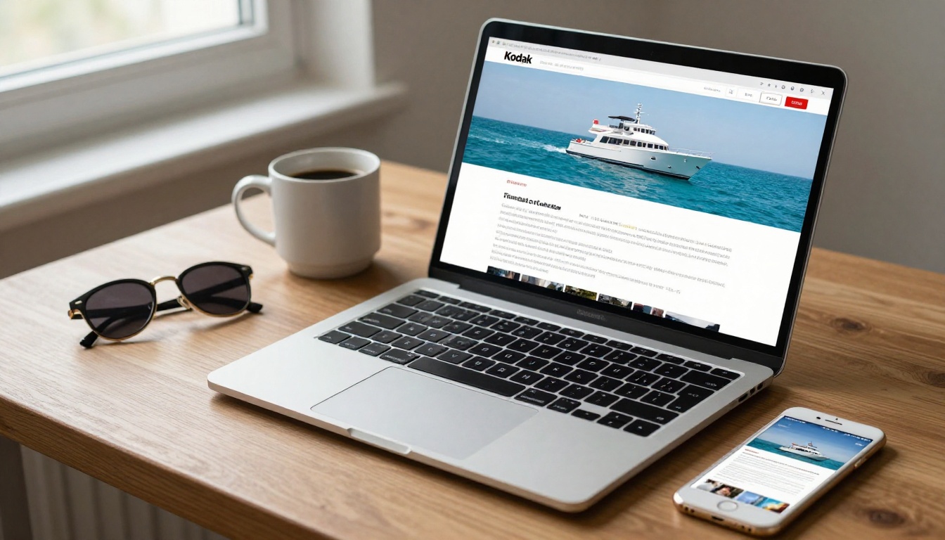 Laptop and phone showing an interactive boat catalog flipbook on a desk