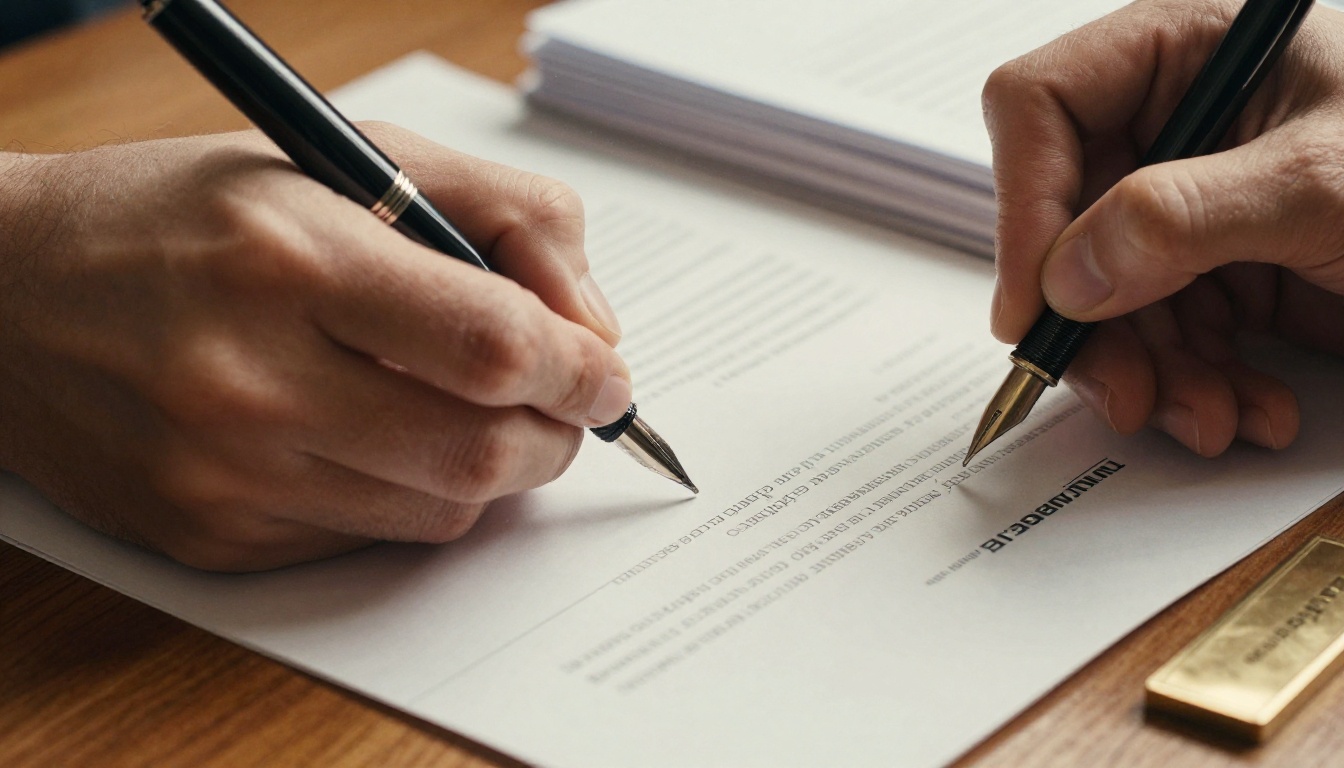 Hands signing a fee agreement with a fountain pen beside a stack of folders