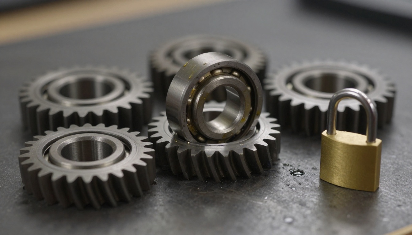 Macro shot of precision gears with a brass padlock