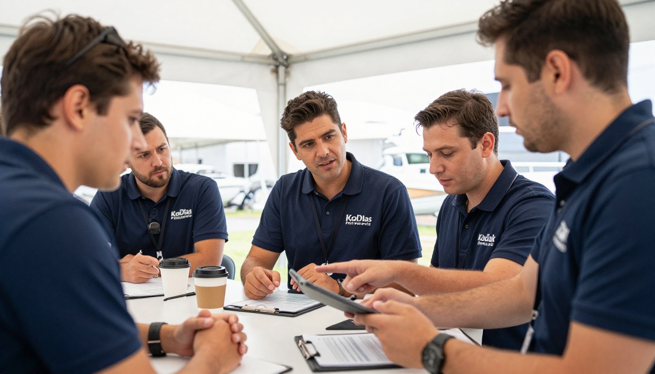 Sales team reviewing lead data on a tablet inside a trade show tent