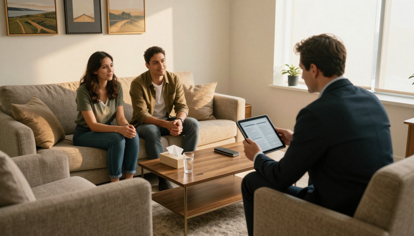 An attorney showing a couple a digital brochure on a tablet in a bright family law consultation room