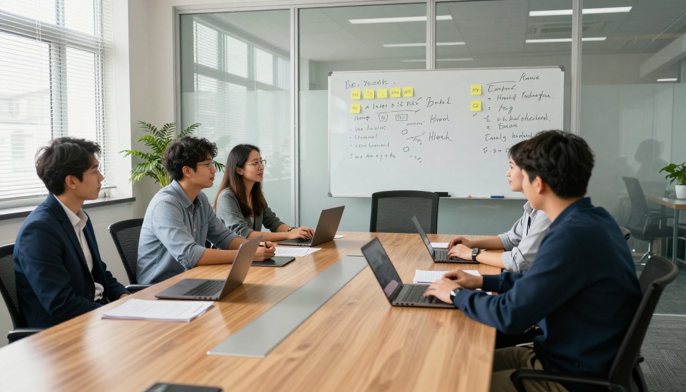 Sales team meeting around a conference table reviewing leads