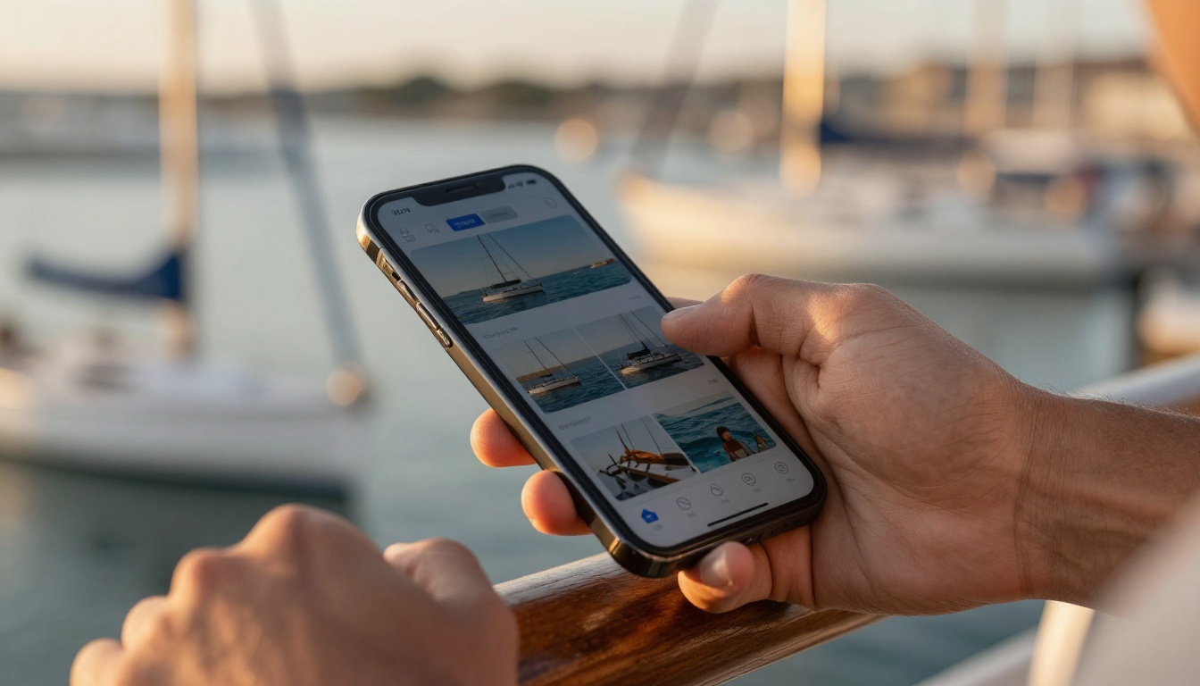 Customer holding a phone showing a boat specification page