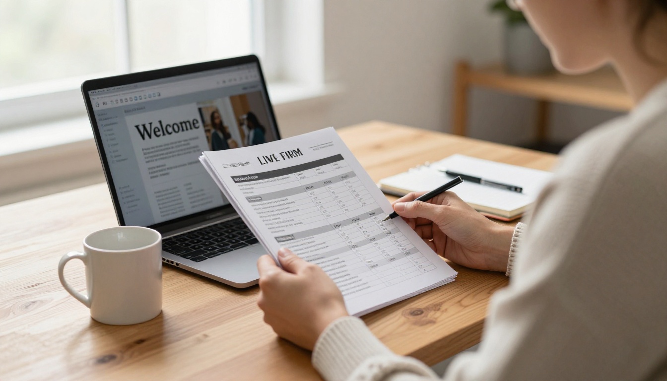 A client at a kitchen table reading a law firm welcome packet on a laptop with a printed checklist beside it