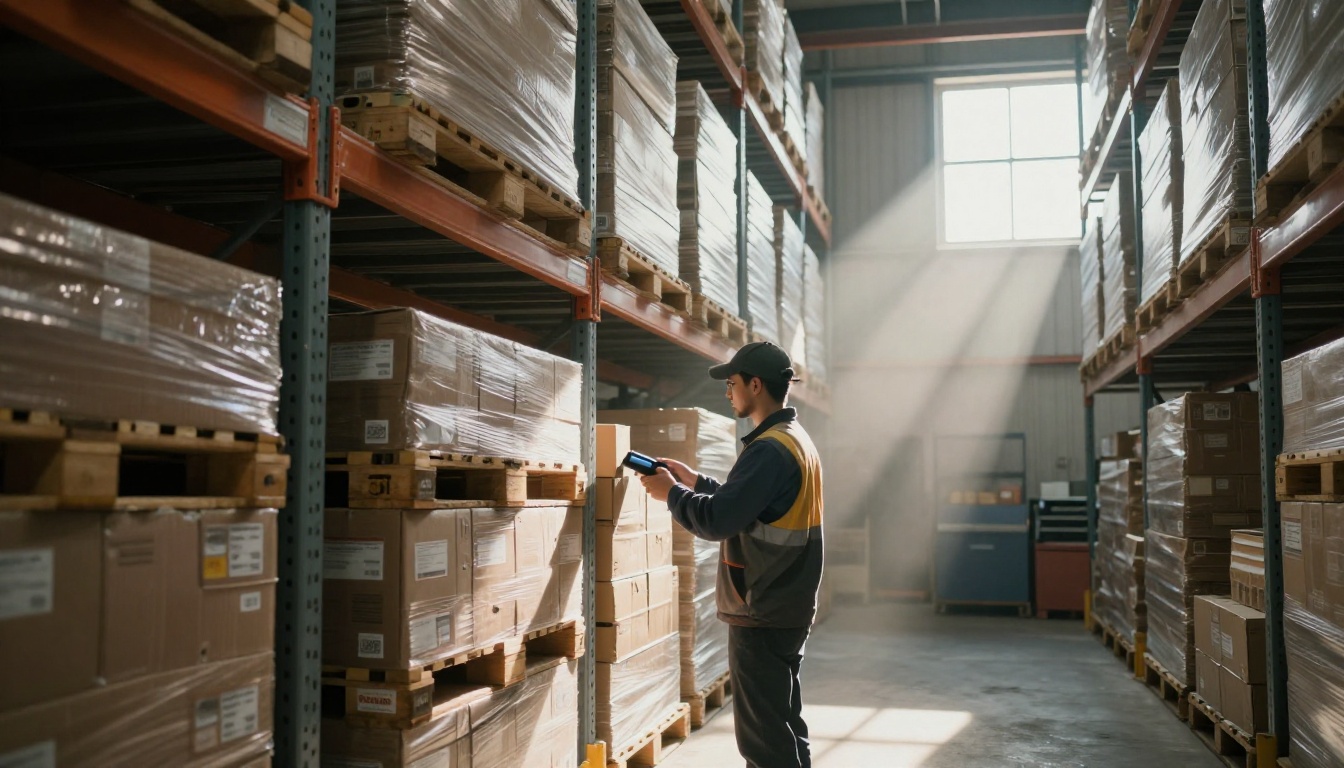 Warehouse worker scanning stock in a tall storage aisle