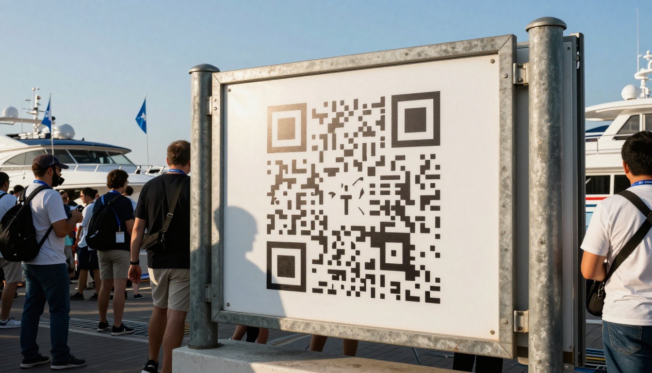 Entrance gate with a large QR code sign and arriving visitors