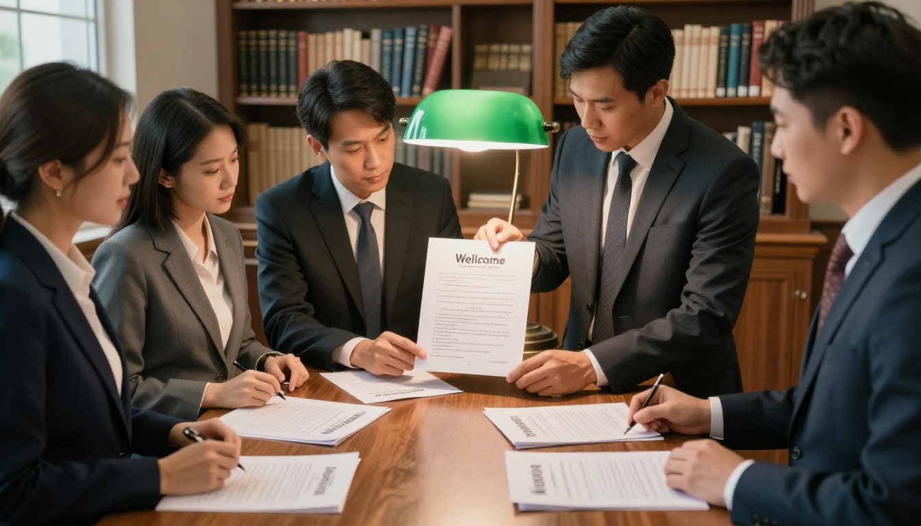 A legal team of four reviewing printed welcome packet samples around a standing height table