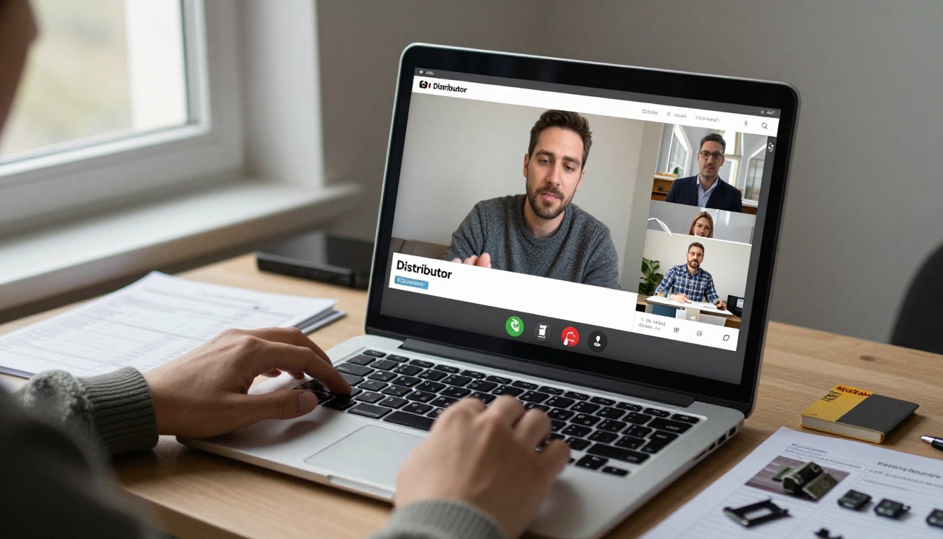 Buyer on a video call with sample parts on the desk