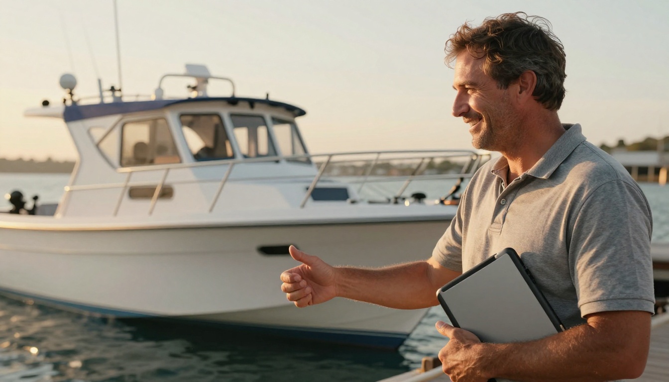 Boat dealer shaking hands with a new customer beside a fishing boat