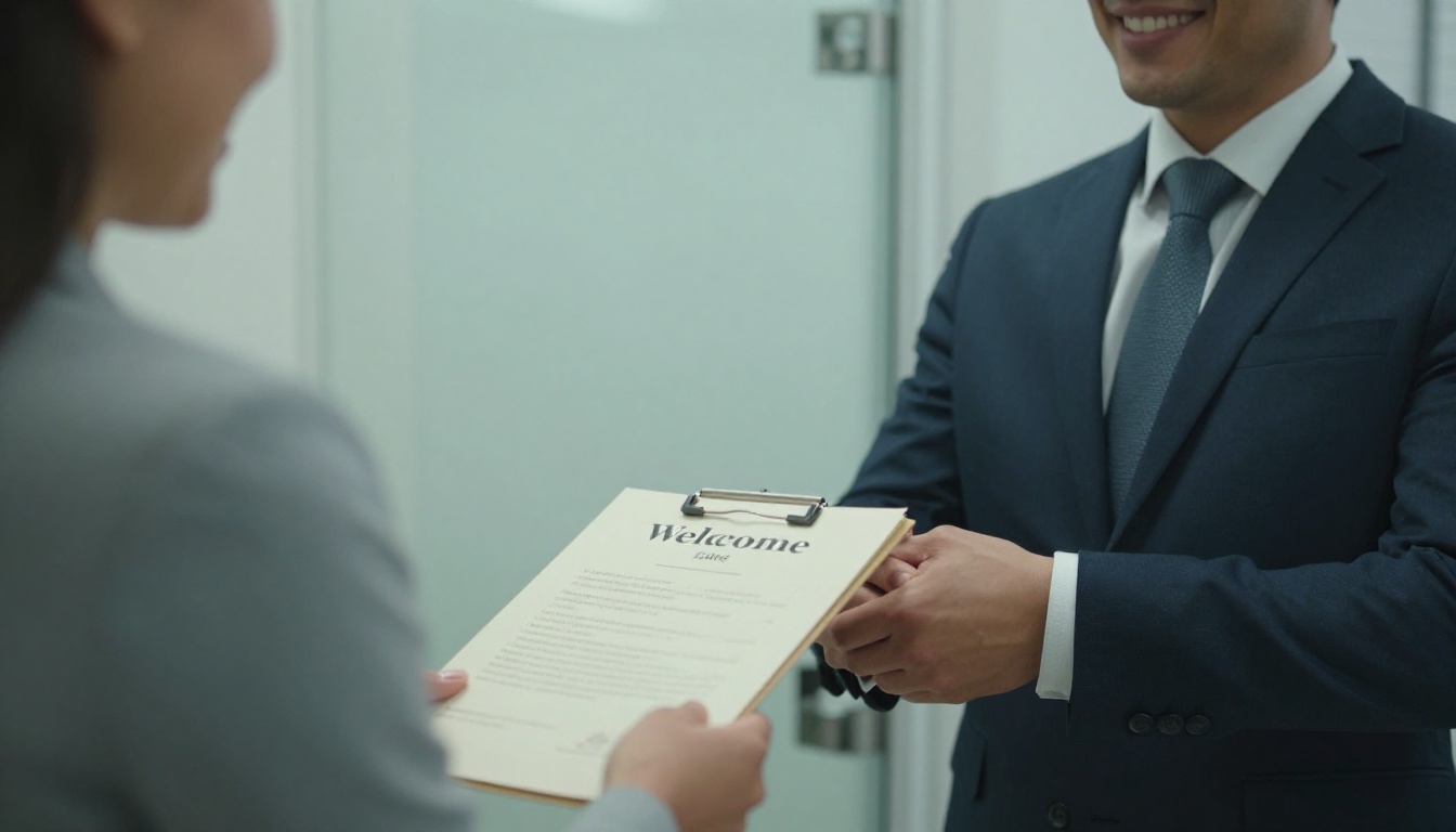 An attorney shaking hands with a new client at the open door of a law office while the client holds a welcome folder
