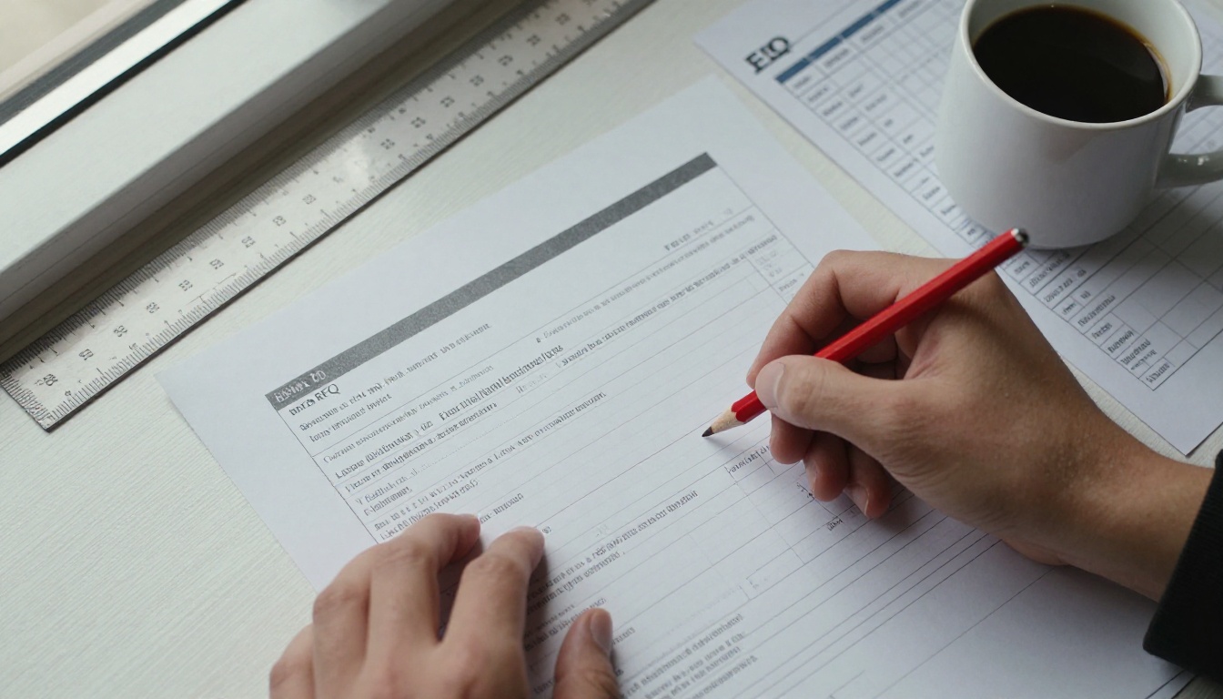 An architect marking up a printed RFQ with a red pencil An architect marking up a printed RFQ with a red pencil