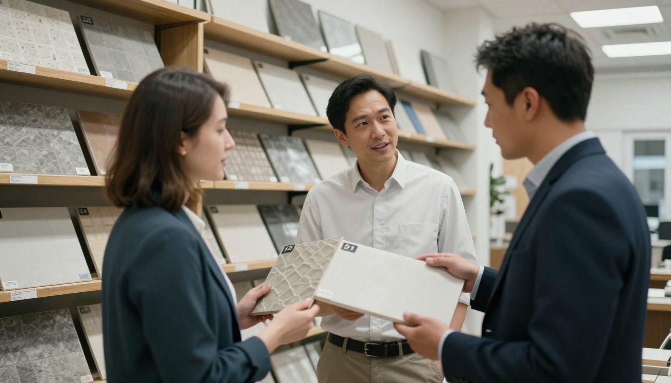 Building product sales rep showing a ceramic facade tile sample to two architects Building product sales rep showing a ceramic facade tile sample to two architects