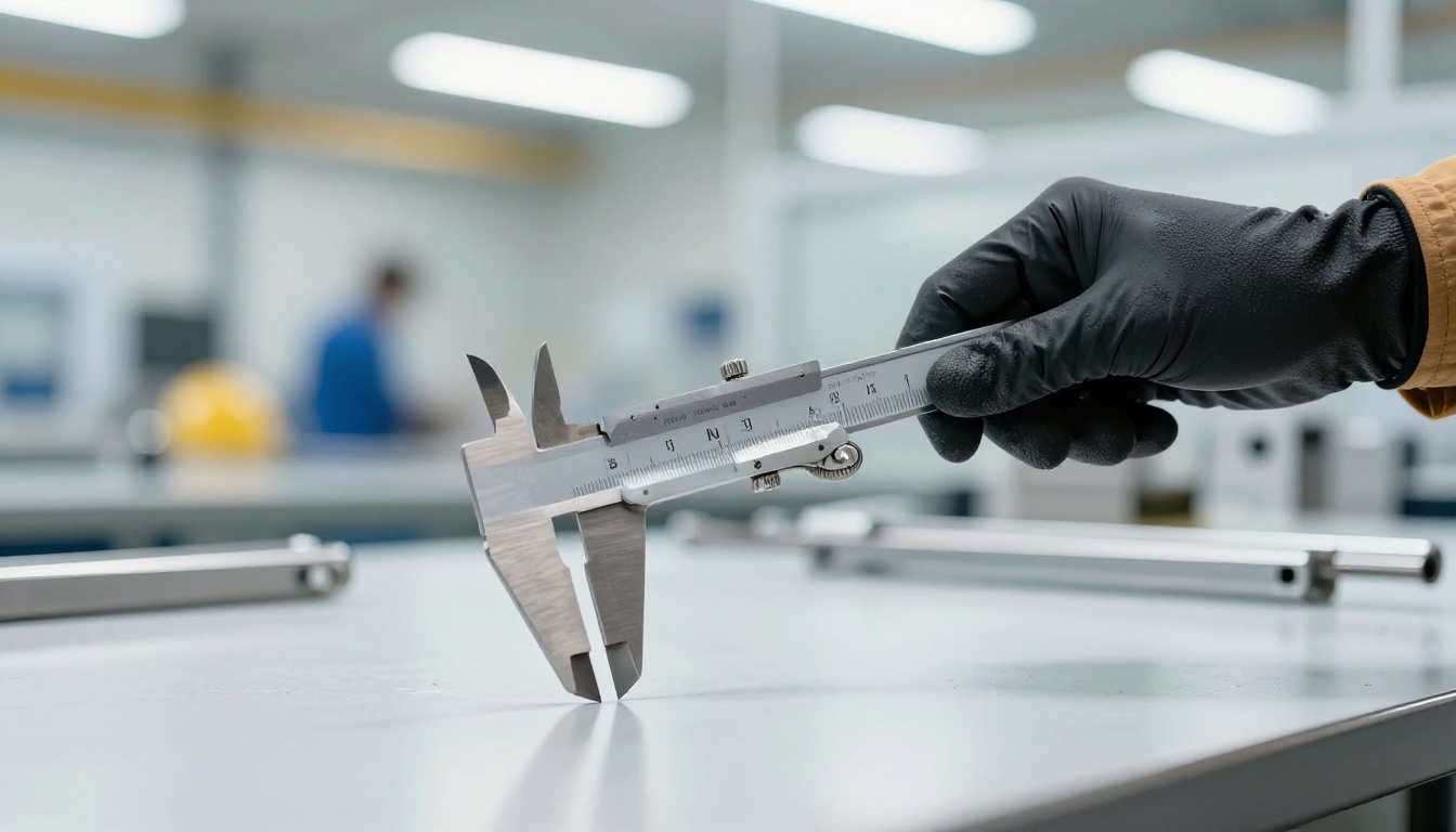 Engineer inspecting a metal part with a caliper