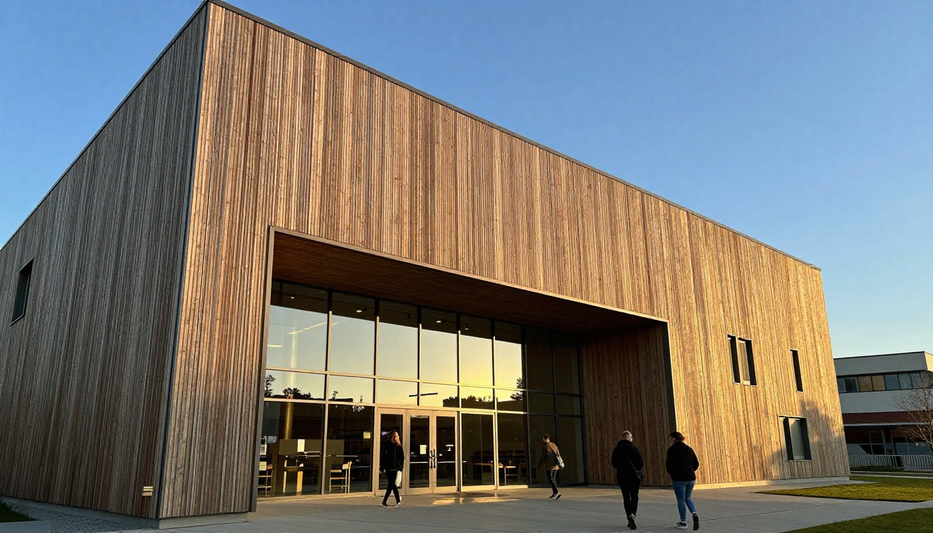 A completed timber library building photographed at golden hour A completed timber library building photographed at golden hour