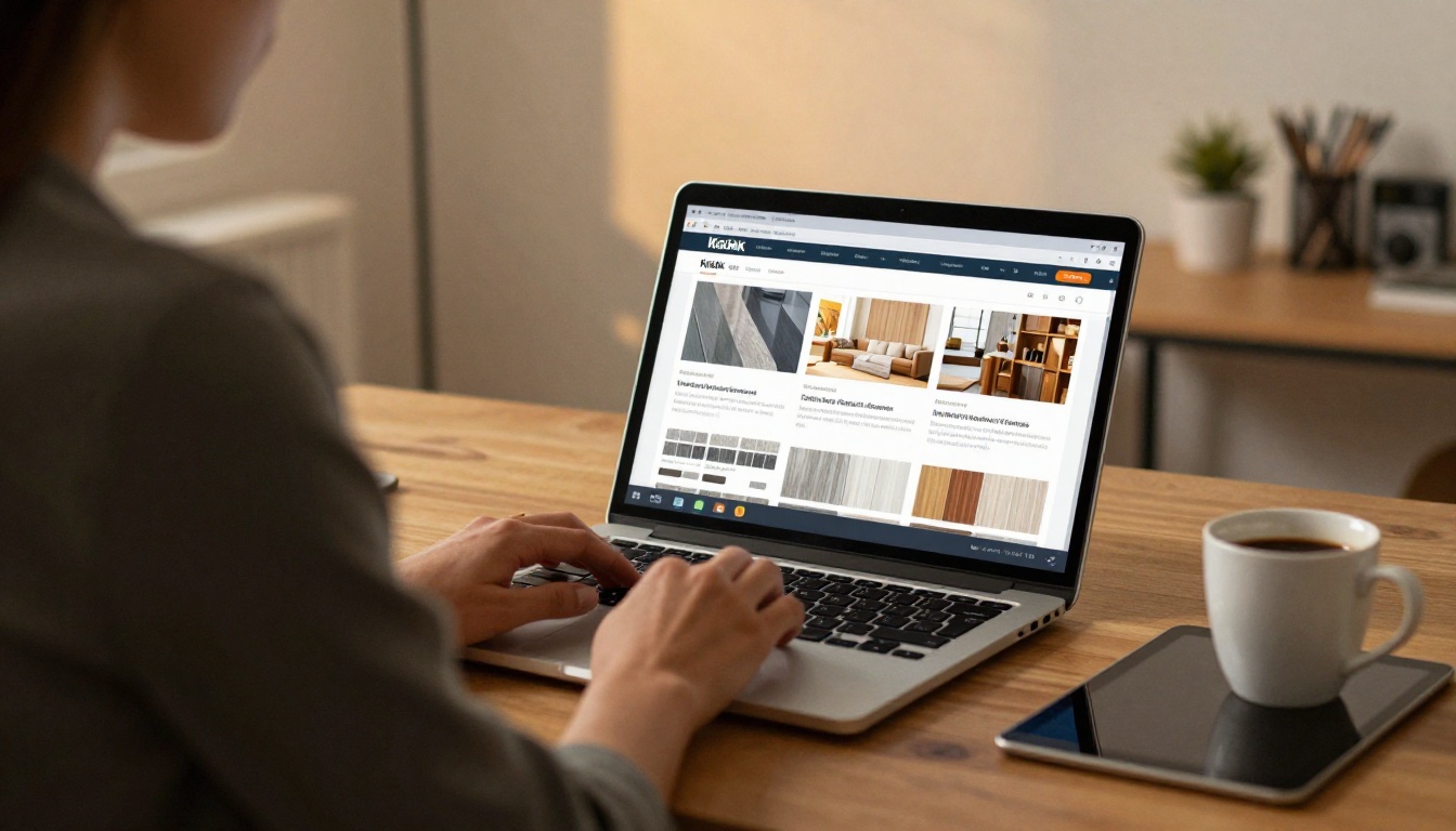 Specifier at a desk viewing a digital product catalog on a laptop with a tablet beside it Specifier at a desk viewing a digital product catalog on a laptop with a tablet beside it