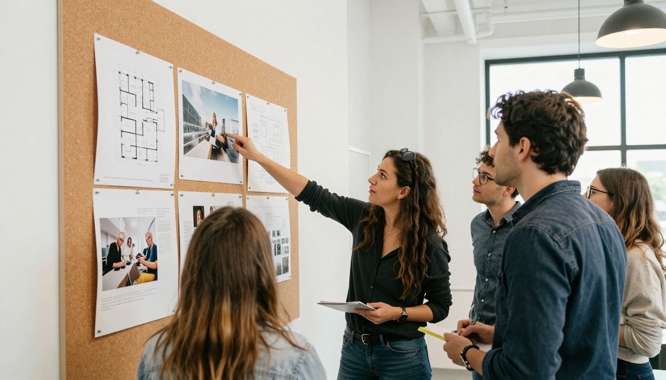 Architects planning an RFQ response in front of a project wall Architects planning an RFQ response in front of a project wall