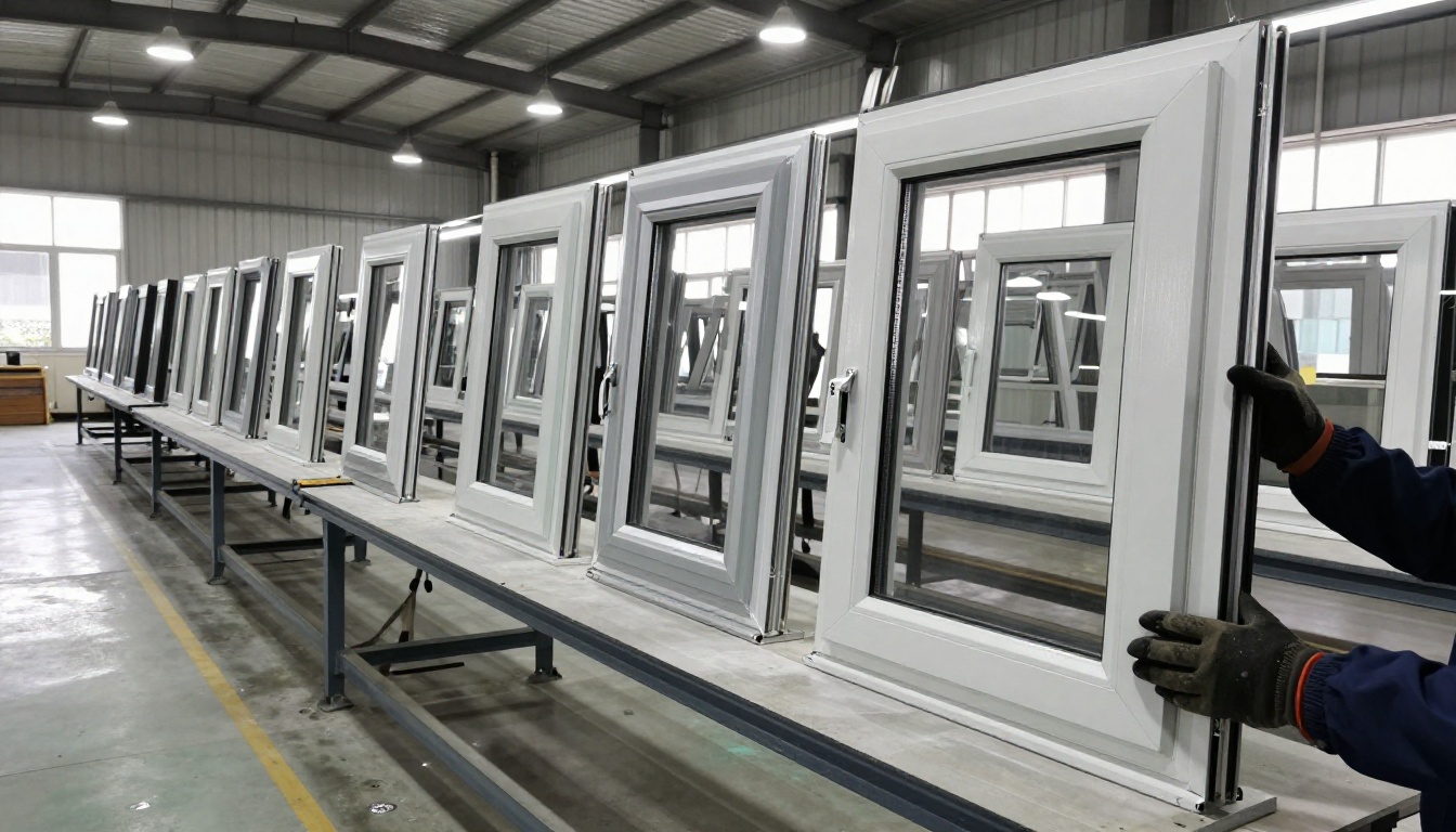 Factory technician inspecting a finished aluminum window frame profile Factory technician inspecting a finished aluminum window frame profile