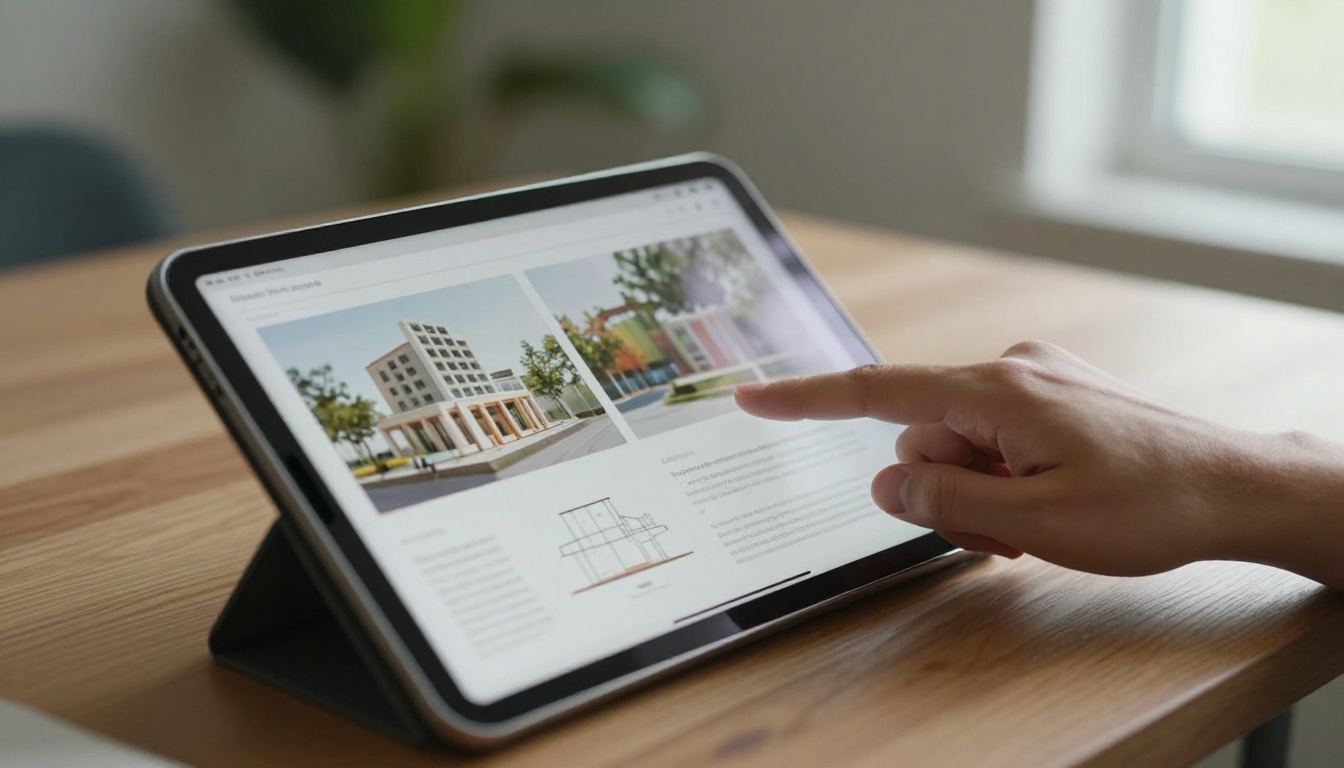 A tablet showing a digital page-turning portfolio of architectural projects A tablet showing a digital page-turning portfolio of architectural projects