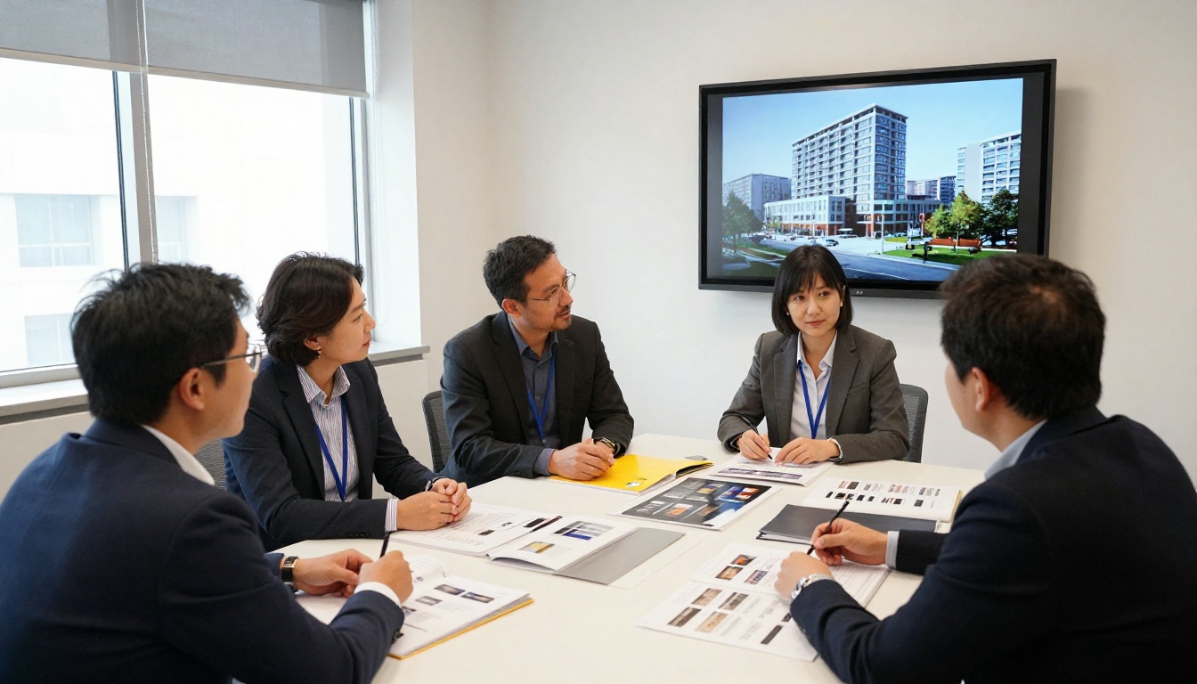 Team meeting reviewing printed product binders and a facade photo on a wall screen Team meeting reviewing printed product binders and a facade photo on a wall screen