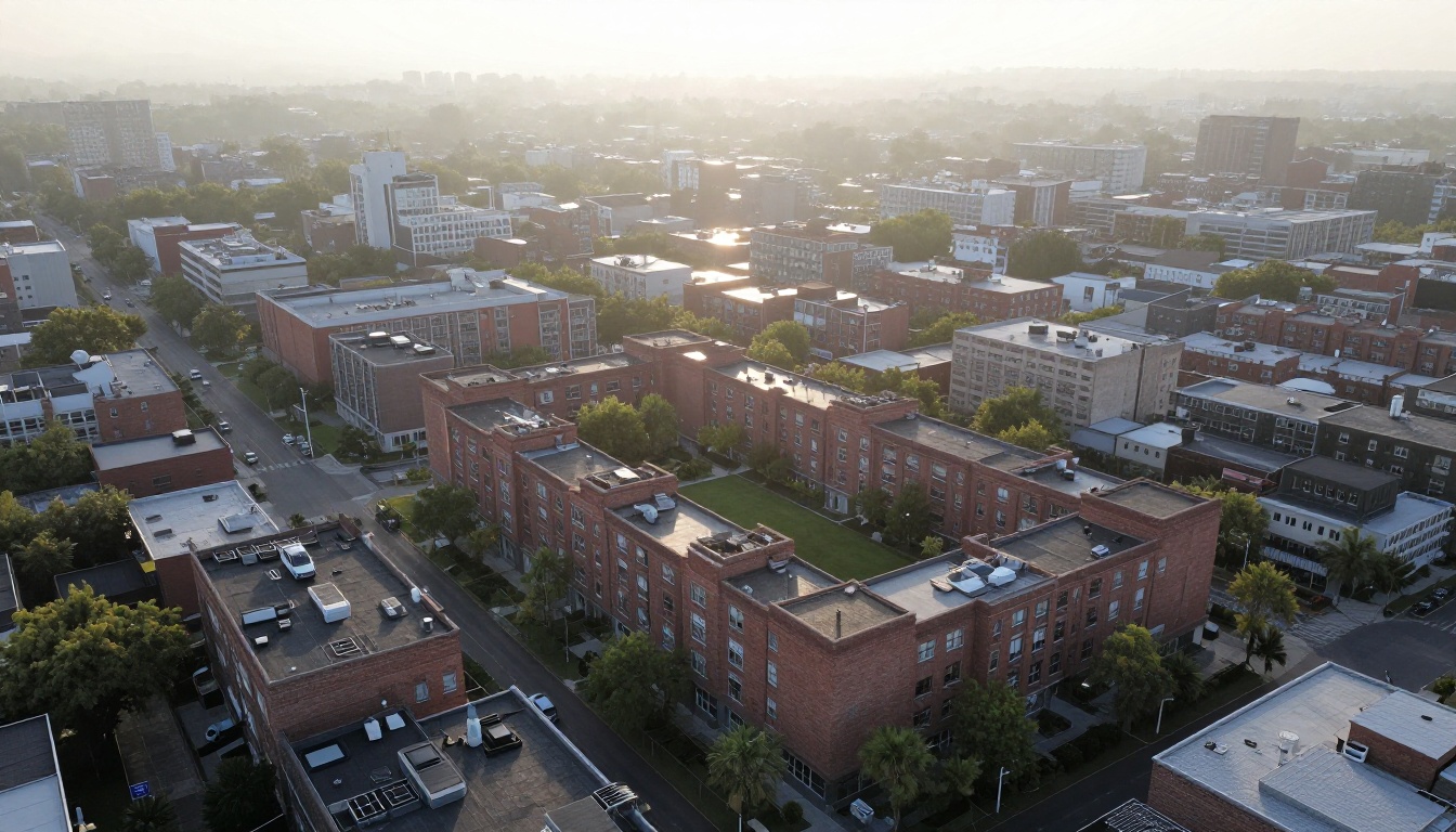 Aerial view of a mixed-use redevelopment with a green courtyard Aerial view of a mixed-use redevelopment with a green courtyard