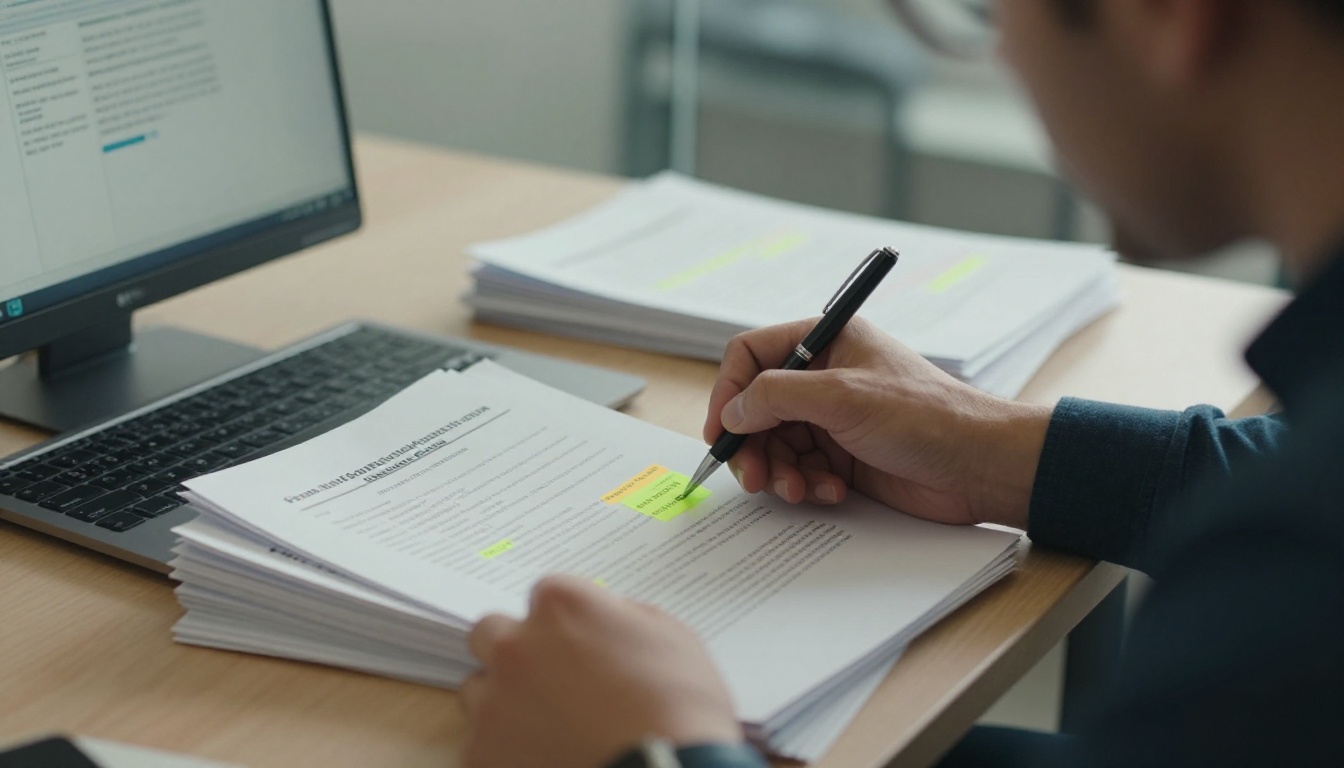 Estimator reviewing prequalification packages on a desk