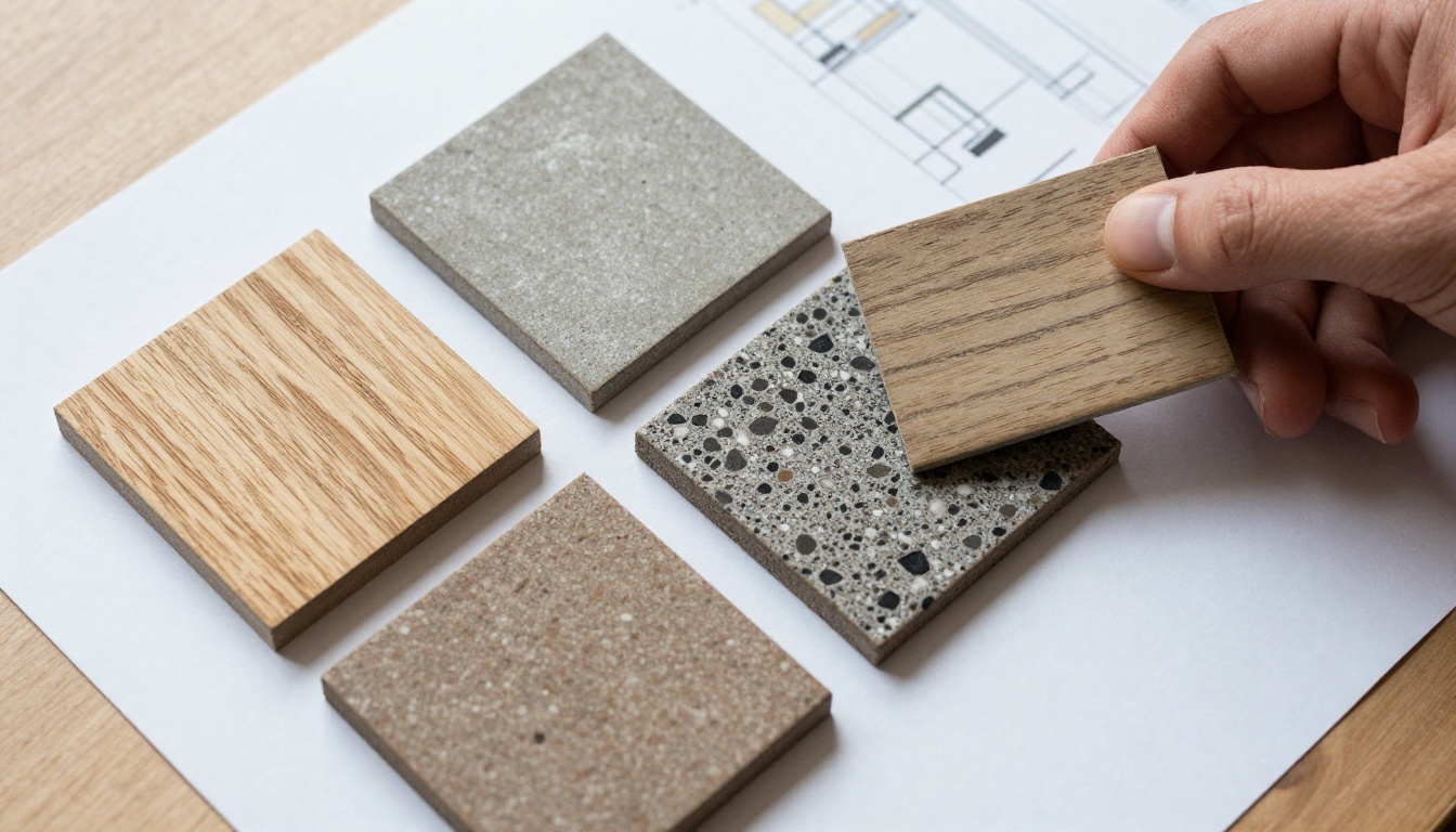Material samples laid out beside a printed project page Material samples laid out beside a printed project page