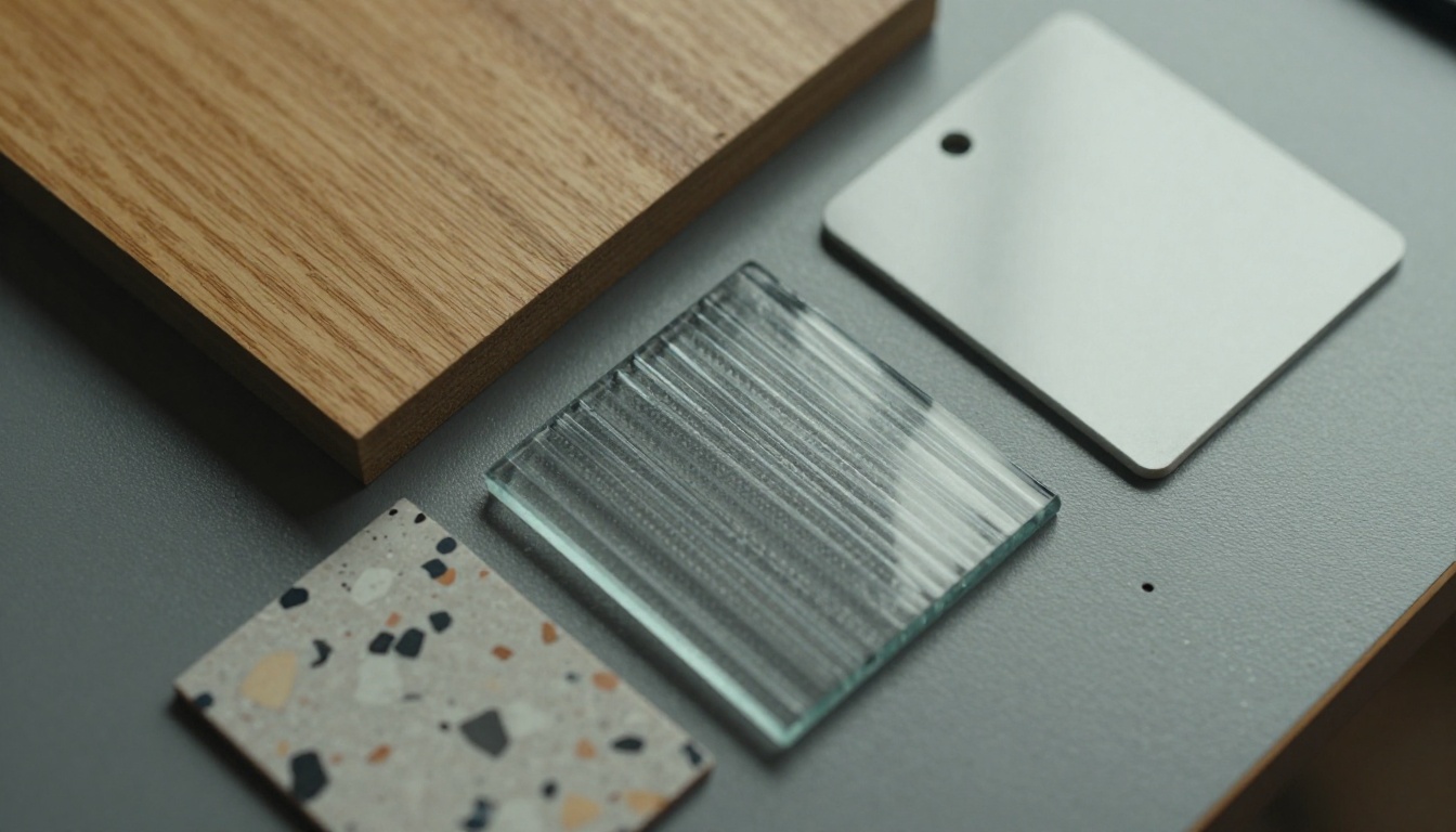 Close-up of material samples stacked on a drafting table with a blank spec tag Close-up of material samples stacked on a drafting table with a blank spec tag