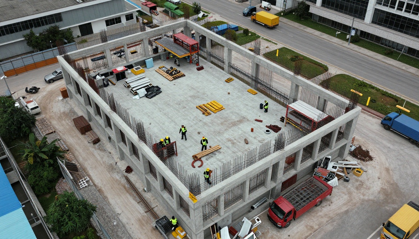 Aerial view of a commercial building site with crews working