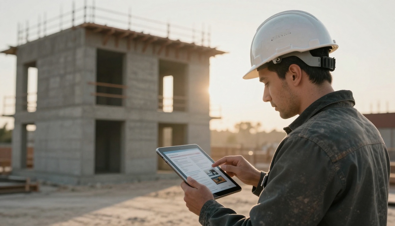 Architect on a job site in a hard hat reading a digital product brochure on a tablet Architect on a job site in a hard hat reading a digital product brochure on a tablet