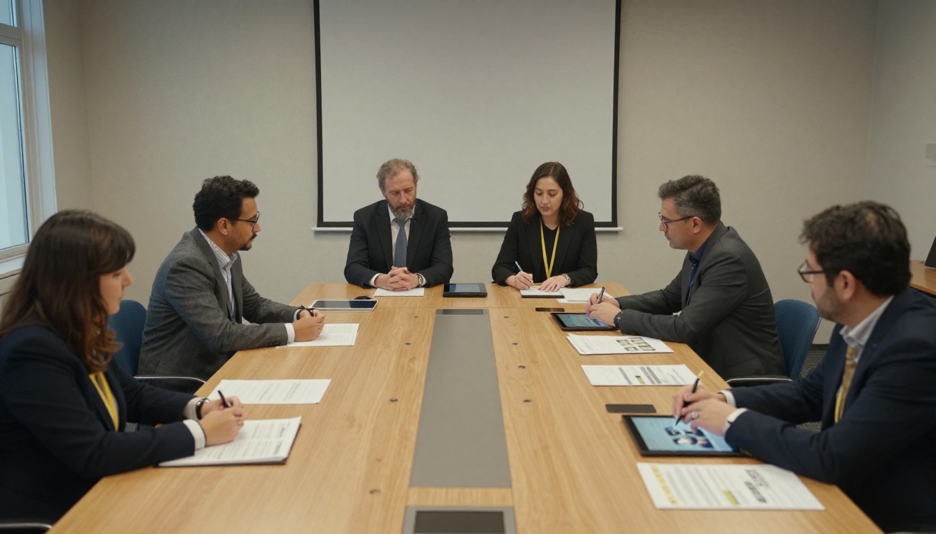 A selection panel reviewing printed and tablet proposals A selection panel reviewing printed and tablet proposals