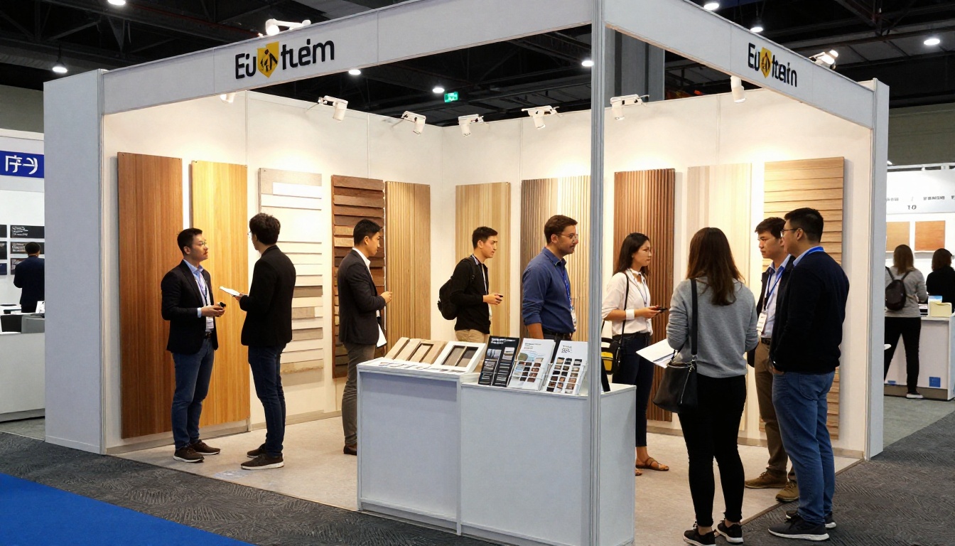 Trade show booth for a building products brand with cladding samples and a brochure rack Trade show booth for a building products brand with cladding samples and a brochure rack