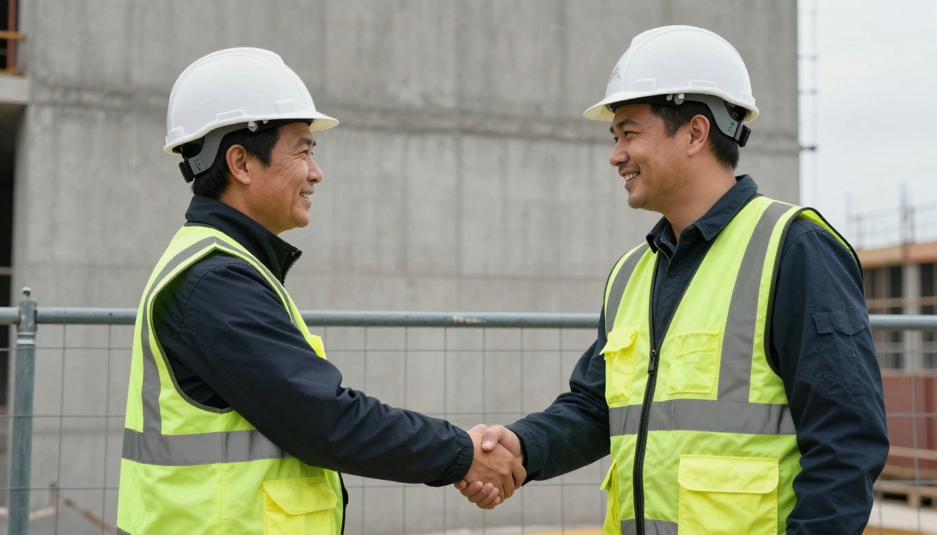 An architect shaking hands with a client at a construction site An architect shaking hands with a client at a construction site
