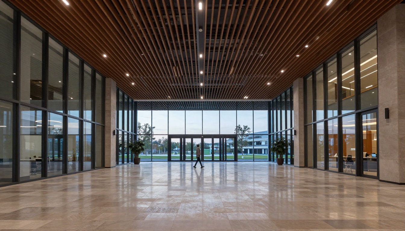 Finished modern office lobby with timber slat ceiling and large glazed facade Finished modern office lobby with timber slat ceiling and large glazed facade