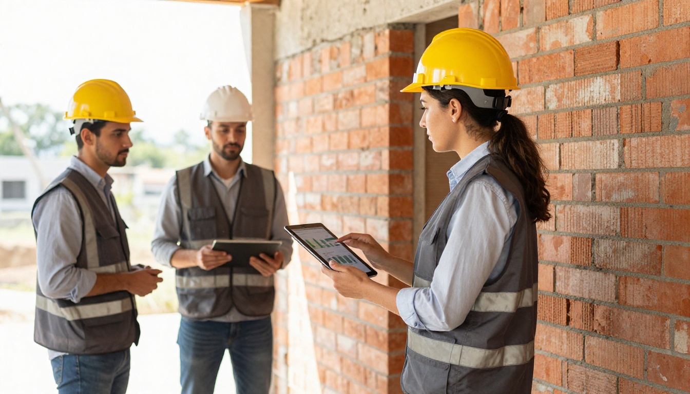 Project manager presenting a portfolio on a tablet at a jobsite meeting