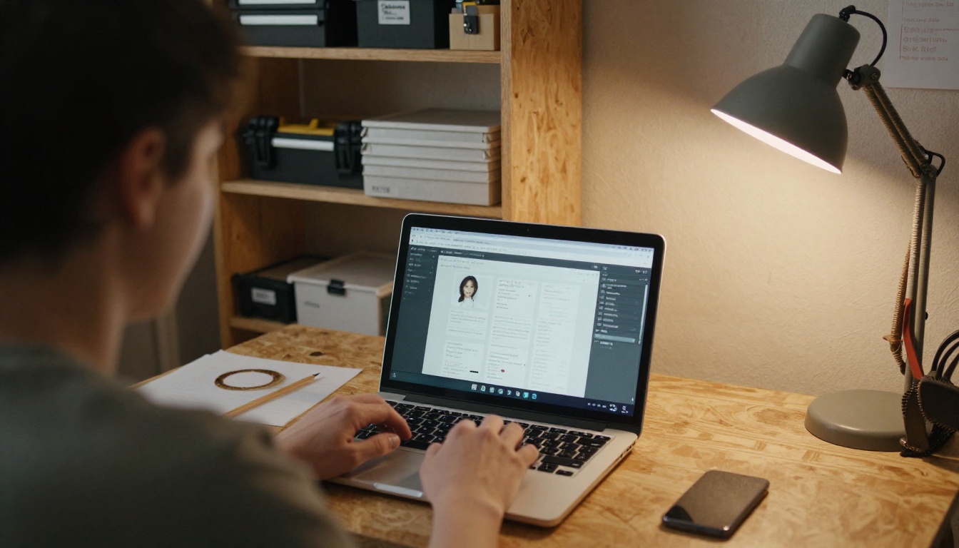 Business owner building a digital company profile on a laptop