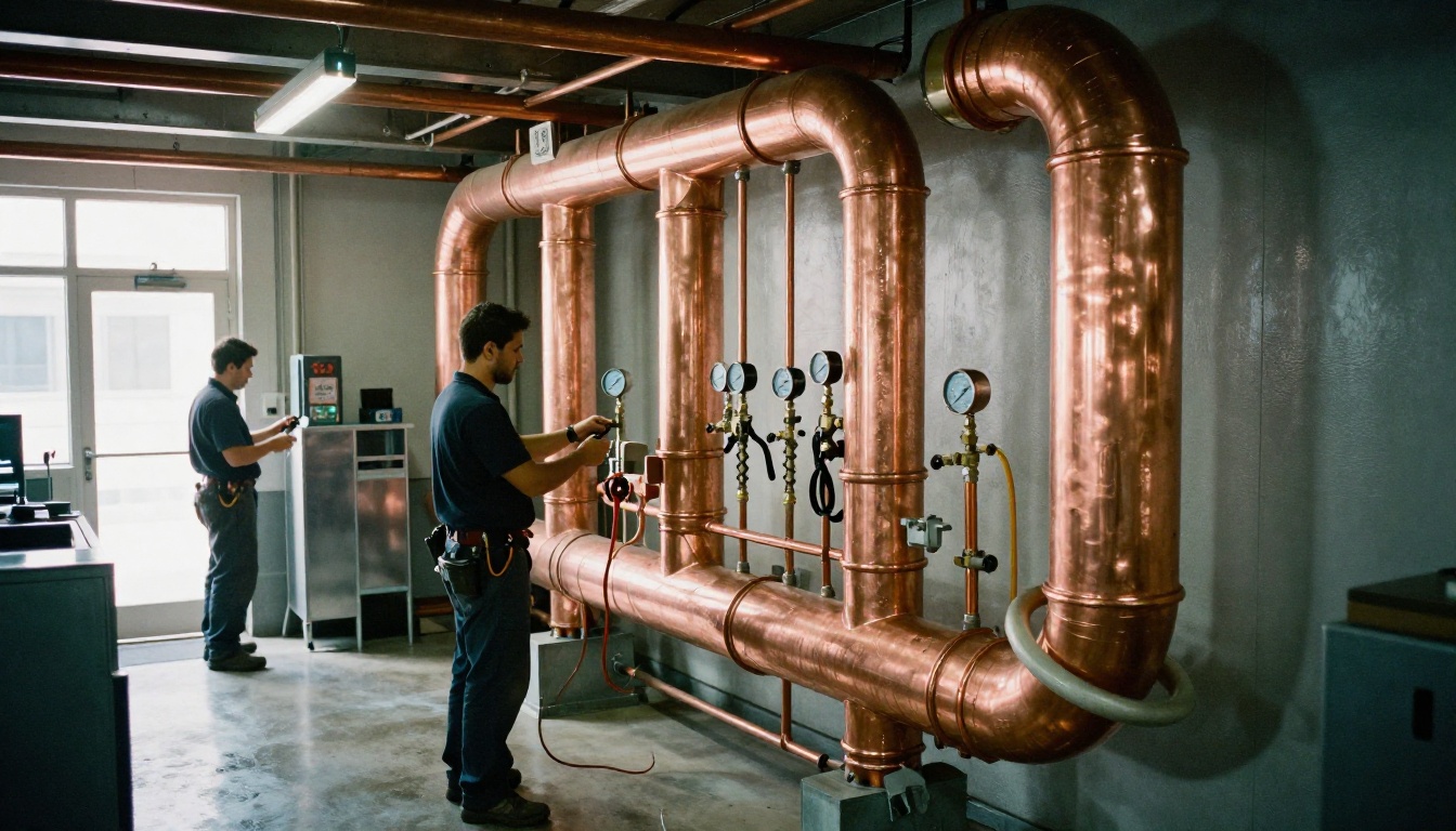 Mechanical crew installing copper piping in a commercial mechanical room
