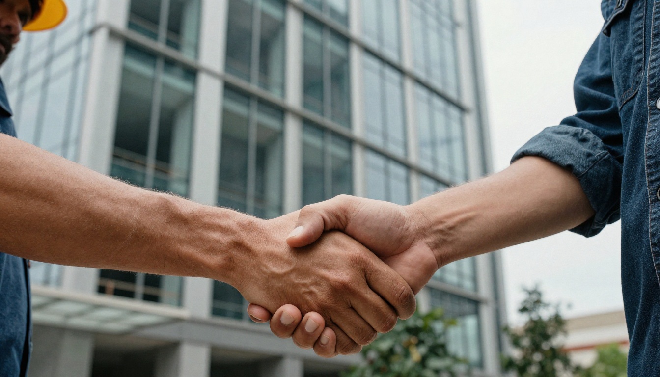 Handshake between a subcontractor owner and a general contractor superintendent