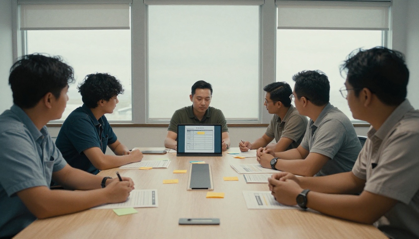 Team reviewing a bid checklist around a conference table