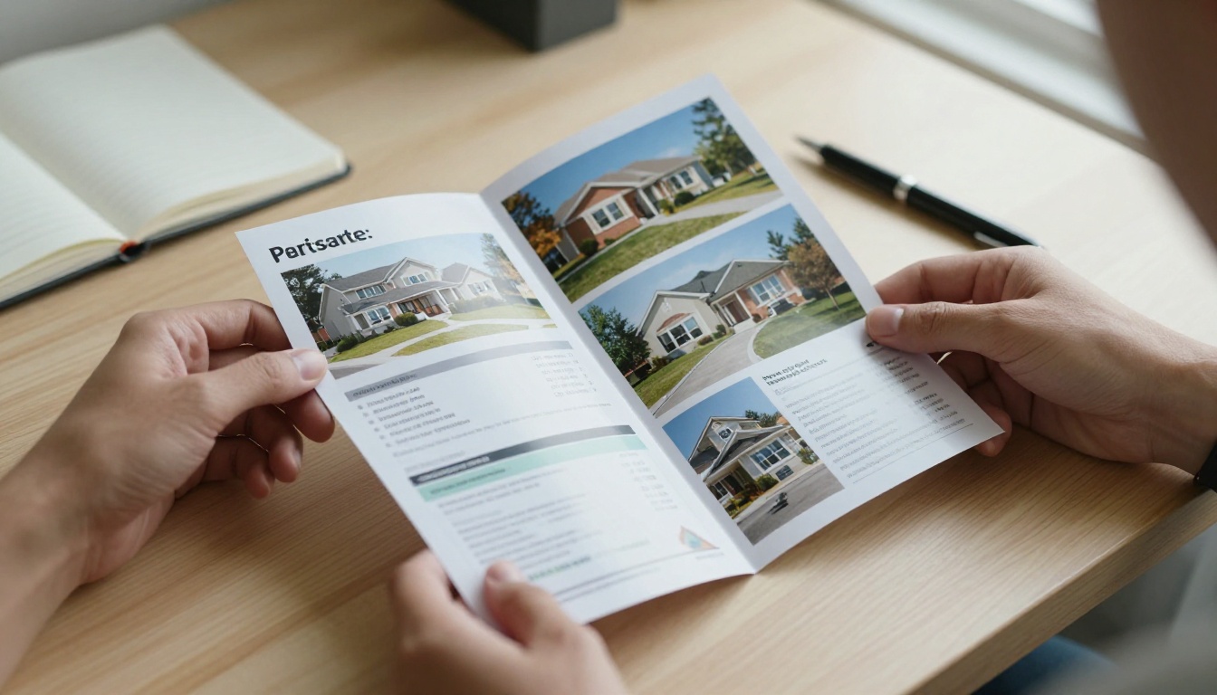 Hands holding a tri-fold real estate recruiting brochure on an oak desk Hands holding a tri-fold real estate recruiting brochure on an oak desk
