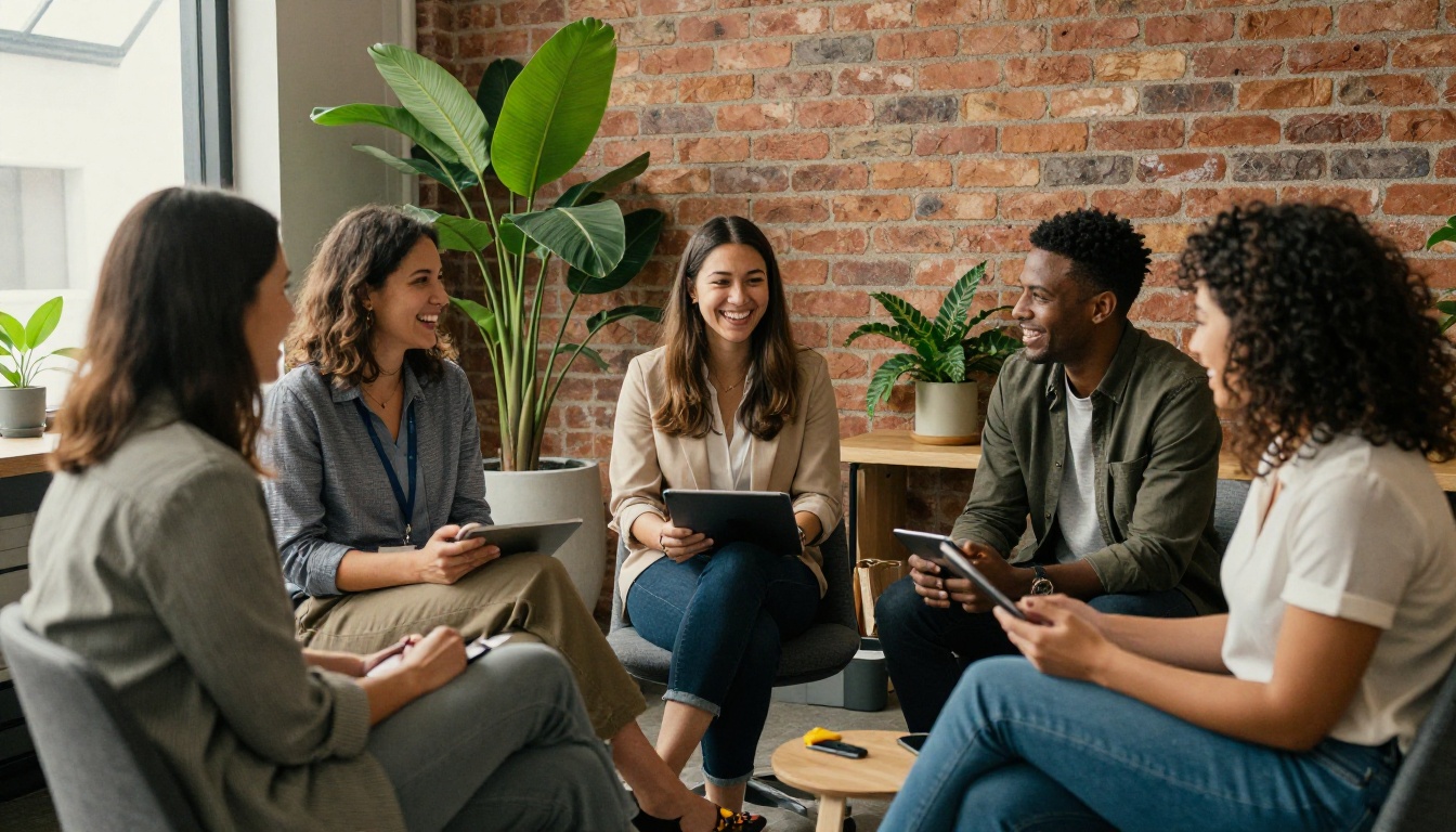 Real estate agents laughing together in a bright brokerage lounge Real estate agents laughing together in a bright brokerage lounge