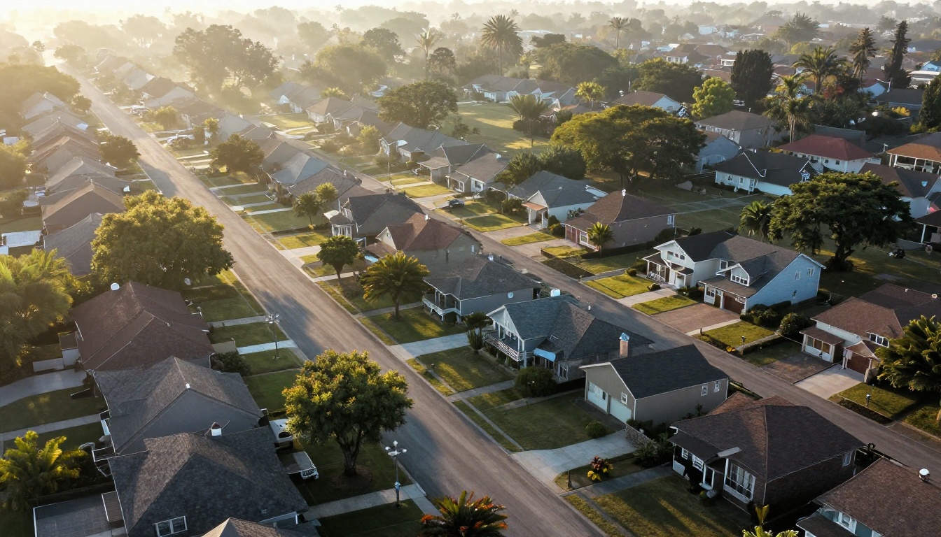 Aerial view of a suburban neighborhood at sunrise Aerial view of a suburban neighborhood at sunrise