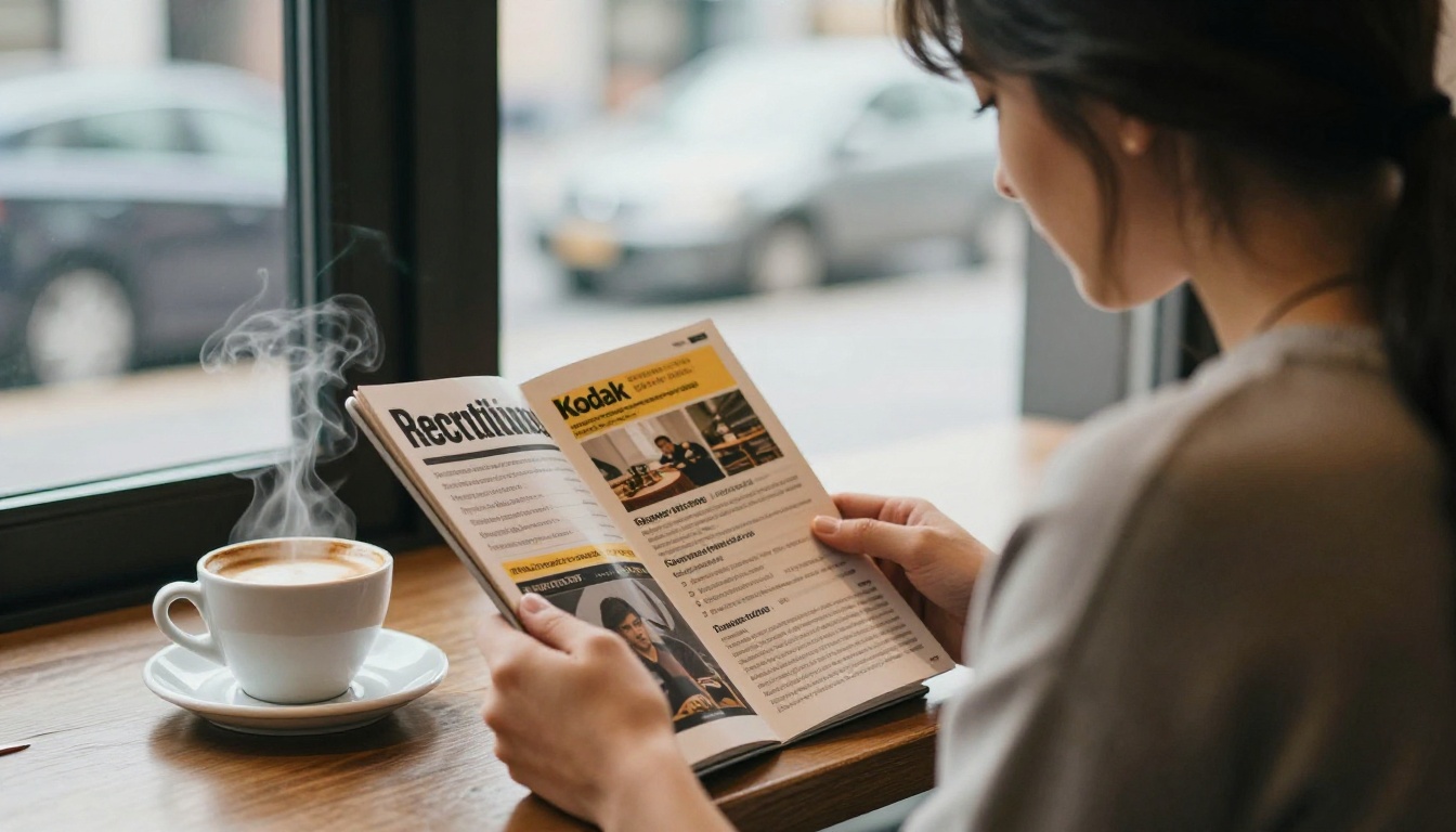 Woman reading a digital recruiting brochure on a tablet in a cafe Woman reading a digital recruiting brochure on a tablet in a cafe