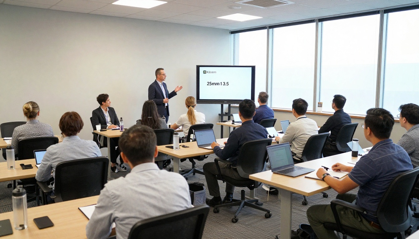 Brokerage training room with agents seated at tables Brokerage training room with agents seated at tables