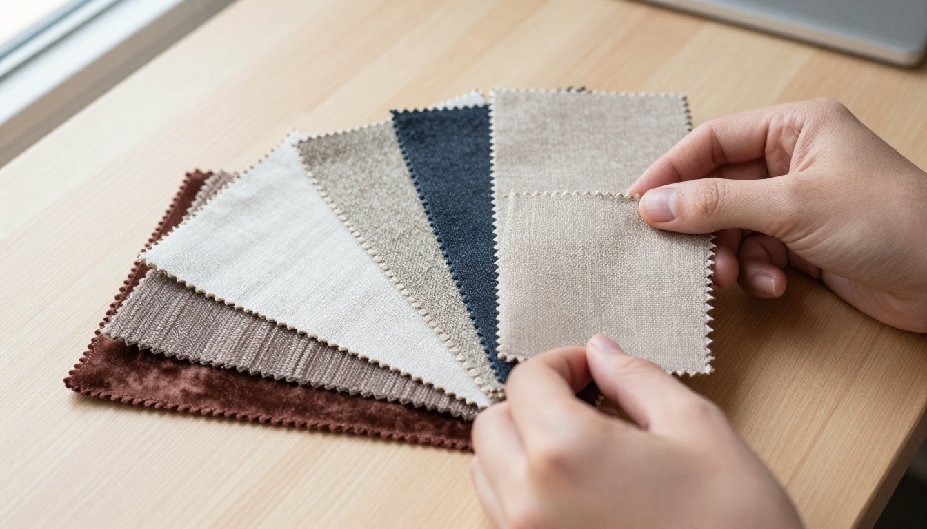 Hands arranging fabric swatches in a fan on an oak table